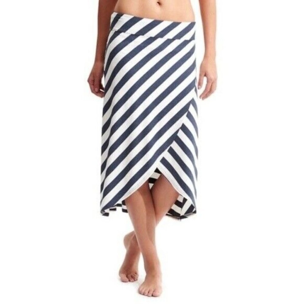 Athleta Blue and Ivory Stripe Jersey Ribbon Midi Skirt Size Medium